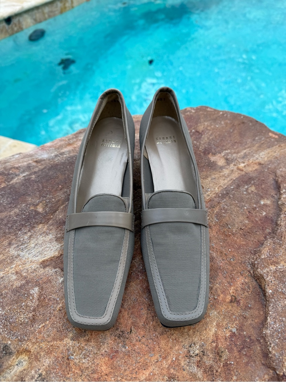 Stuart Weitzman Vintage Taupe Mesh & Leather Trim Block Slip On Heel Loafers